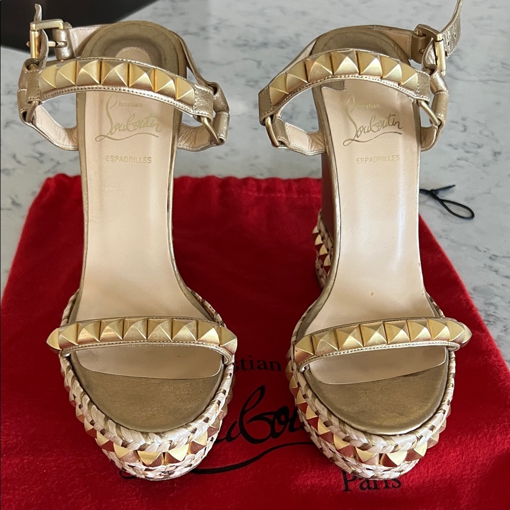 Christian Louboutin Gold Espadrille Sandals with Studs